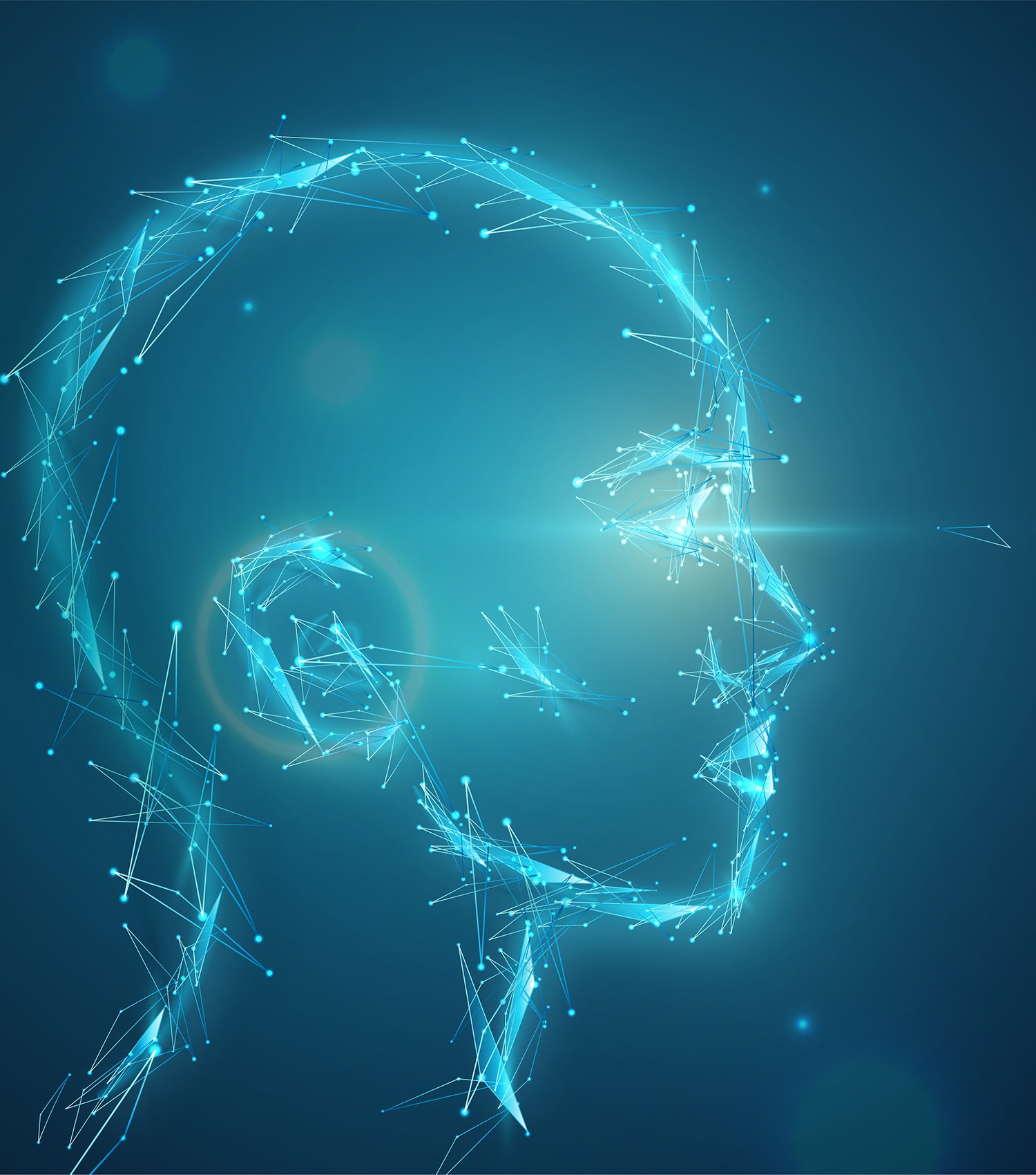 Ai concept vector background. Abstract artificial human head with eyes light. Digital future vision illustration.